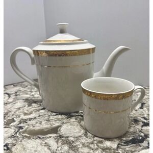Vintage China Pearl Imperial Tea Pot & Cup White Gold Trim Classic Grannycore**